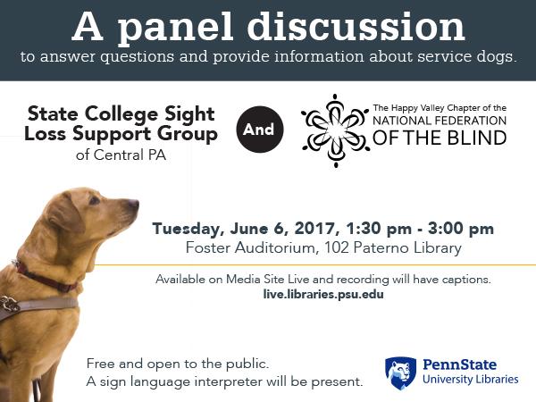 promotional graphic with service dog, logos and June 6 panel discussion information