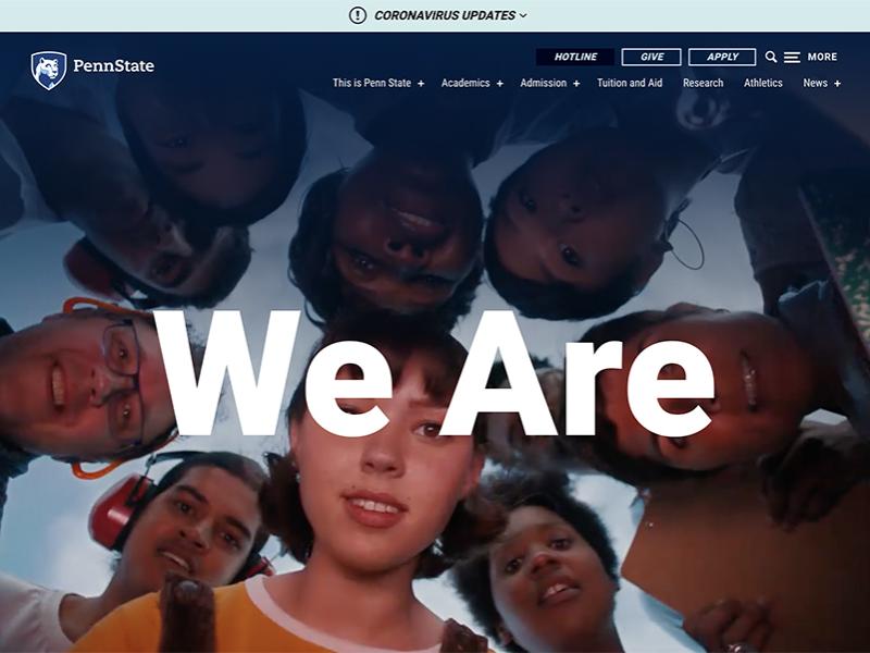 A screen capture of the university's new homepage, picturing the words "We Are" superimposed over a group of faces, and website navigation items at the top.