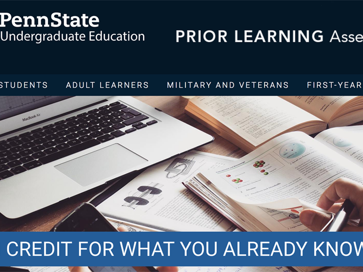 Screen shot of Prior Learning Assessment website, including the image of a desk with a computer and books, and a navigation bar listing pages for Transfer, Adult, Military, and First-Year students
