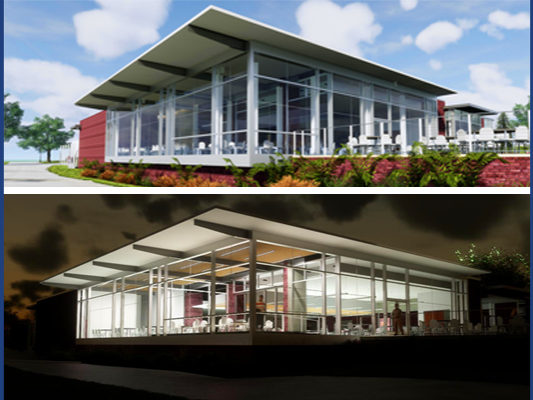 Penn State Schuylkill's dining center renderings shown both during the day and at night.