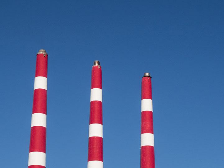 red and white smoke stacks
