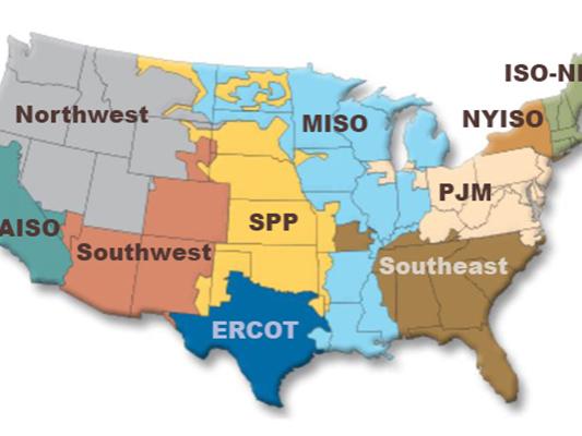 Map of United States electric grid managed by regional interconnections.