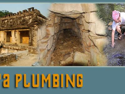 composite image of castle ruins at Palenque, the exterior of the Piedras Bolas aqueduct, and a photo of Kirk French taking measurements in the Otolum Stream
