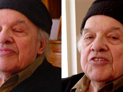 two photos of Gerald Stern next to each other, one with eyes closed and one with eyes open
