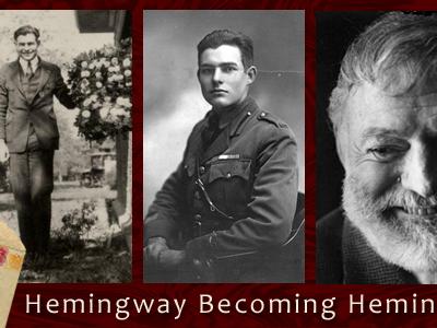 three photos of Hemingway, two in his youth and one as an older man