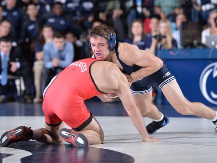 Penn State freshman Zain Retherford wrestles during his upset win over No. 1-ranked Logan Stieber of Ohio State.
