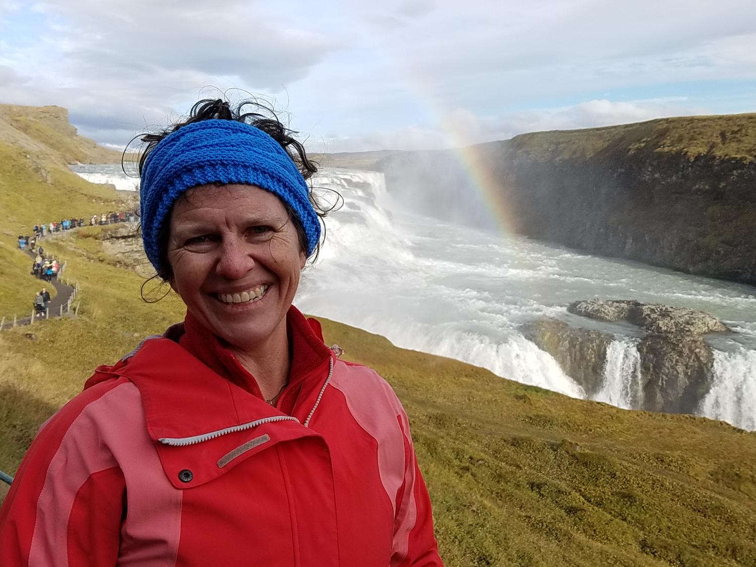 Sherry Robinson, associate professor of business at Penn State Hazleton, spent the fall 2016 semester at Bifrost University in Iceland as a Fulbright recipient. Here she stands in front of the Gullfoss waterfall in the Golden Circle cluster.