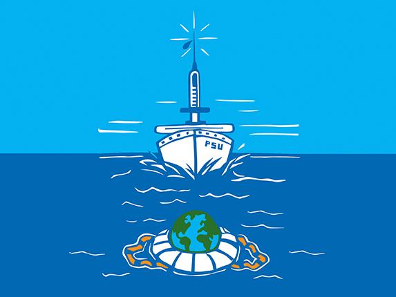 SS Penn State sails toward a life buoy holding the globe