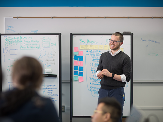 Person stands in front of a whiteboard covered in writing and Post-its. 