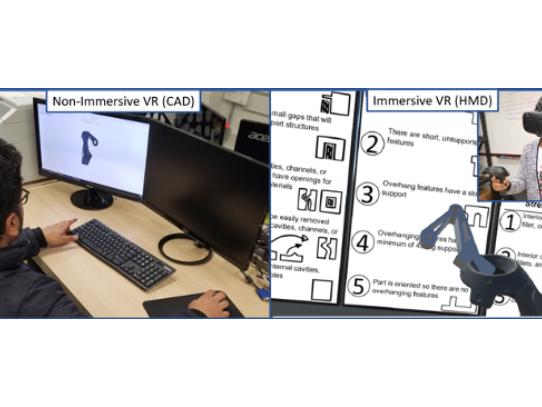 Two photos made into one graphic to display traditional computer-aided drafting versus immersive virtual reality software. 
