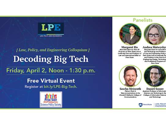 Graphic including Decoding Big Tech event day, time and location information and four circle photos of four people's heads 