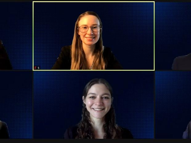 Savanna Ledford, Krista Harmann, Brian Drury, Xingyan Wang, Emma Baker and Laura Guay participate in a virtual global health competition.