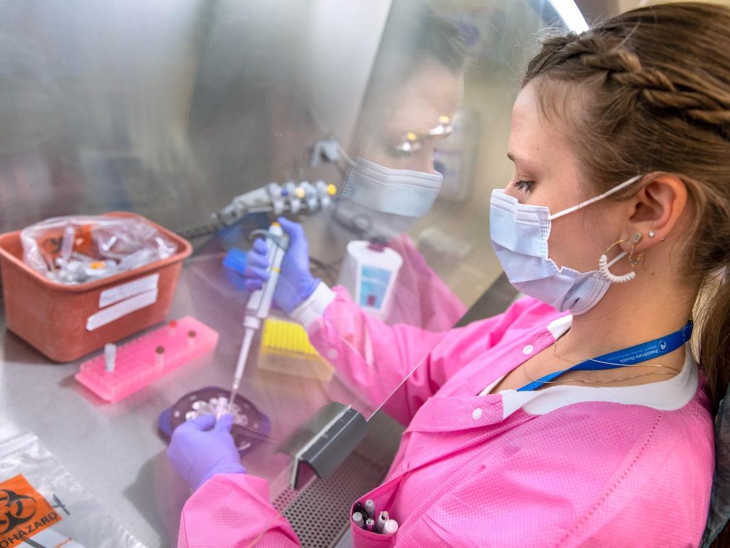 Ashlee Ramirez, a medical laboratory scientist with Penn State Health Milton S. Hershey Medical Center, holds a pipette while testing a patient's specimen in the virology lab.