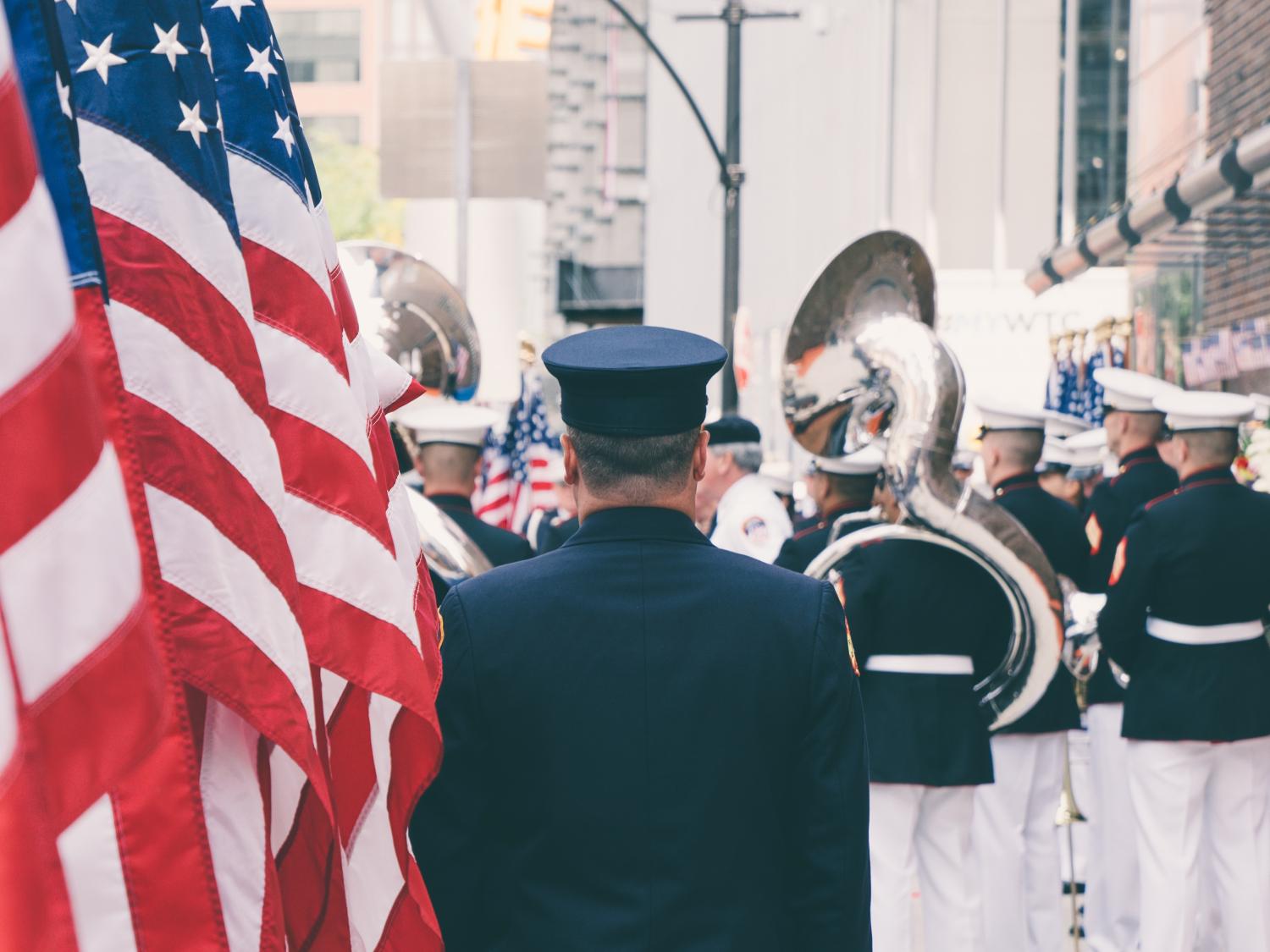 Officers, military band and flag