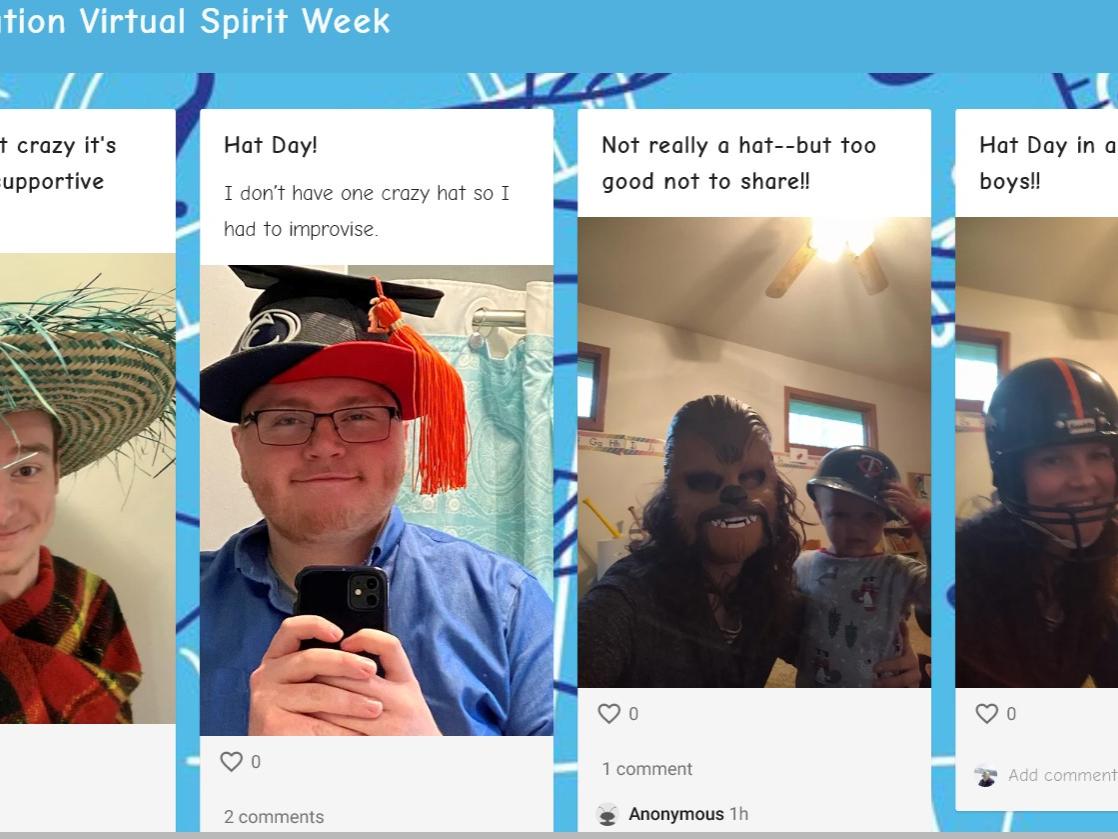 Four students and faculty members wear funny hats during a Penn State Behrend online math class.
