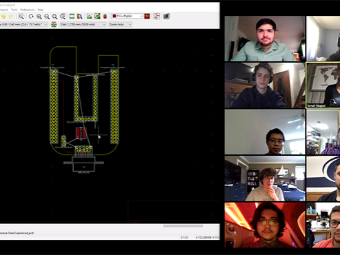 A screenshot of a video call with ten students and an image of the technical design. 