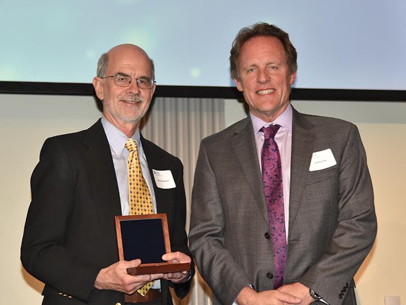 Stan Benjamin (left) accepts an award from Lee Kump at the College of Earth and Mineral Sciences' Wilson Awards Banquet