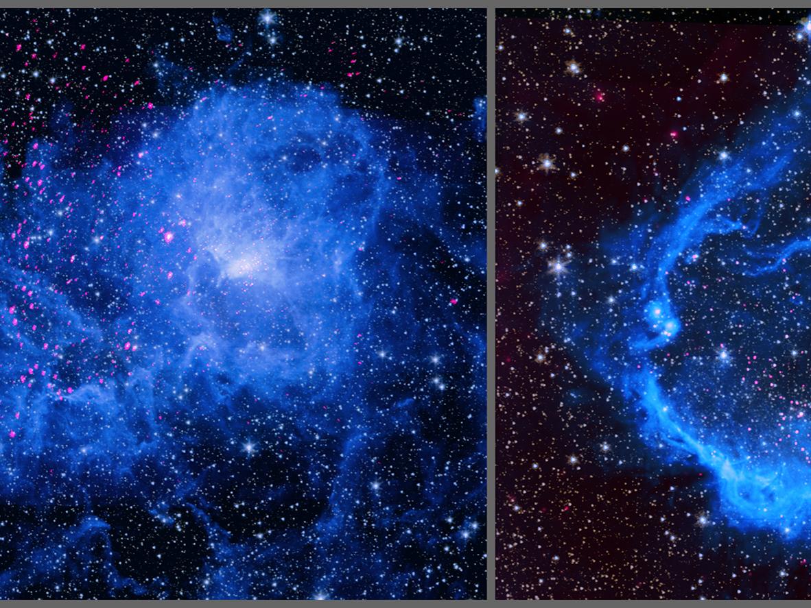 Two images showing thousands of stars from NASA's Chandra X-ray Observatory