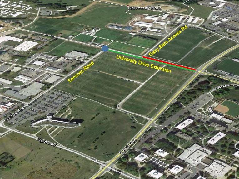 Map of road closure for University Drive Extension.