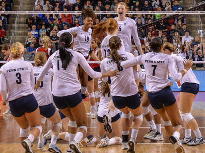 Members of the Penn State women's volleyball team celebrate after winning program's sixth national title.