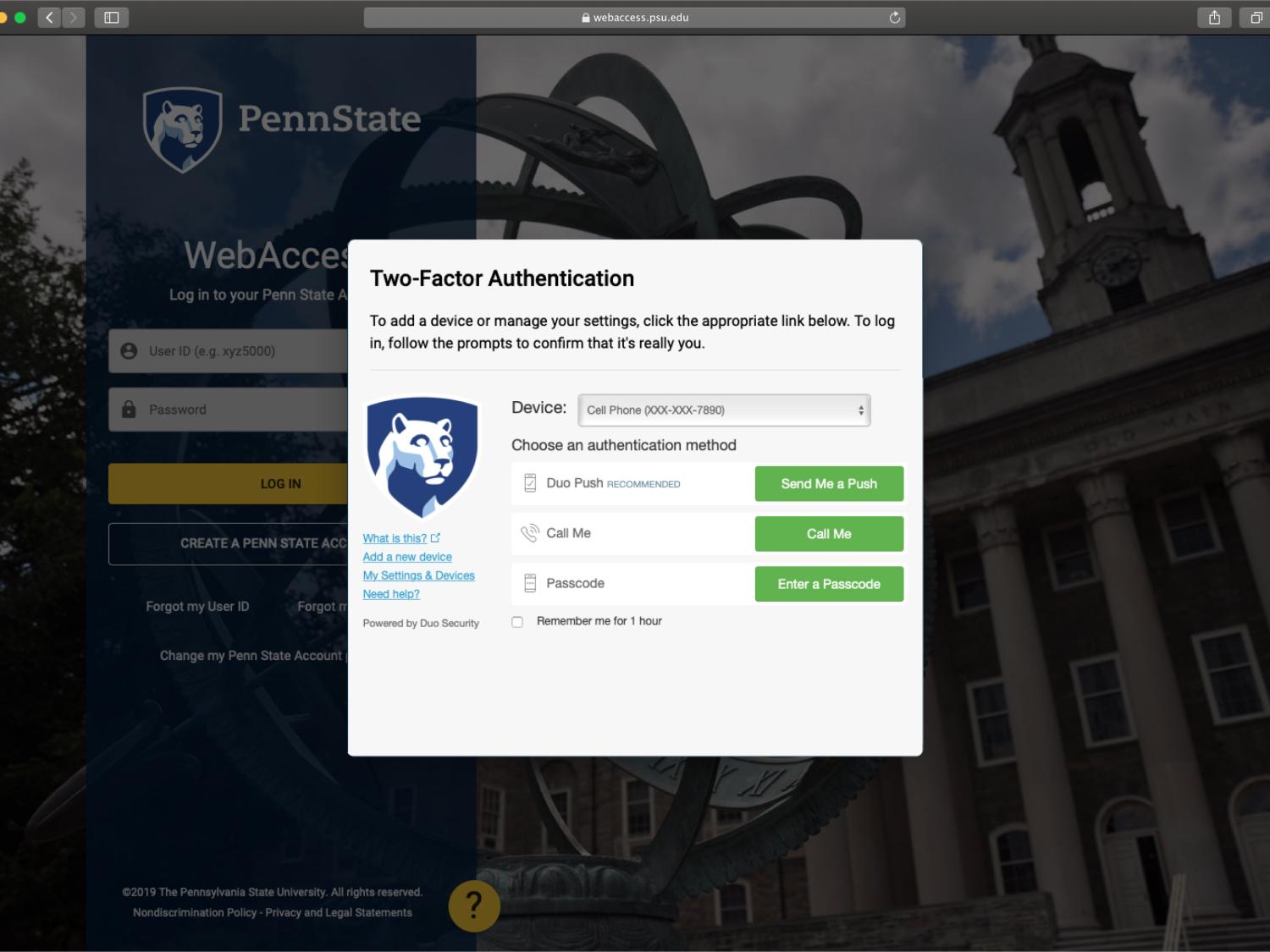 WebAccess 2FA screen