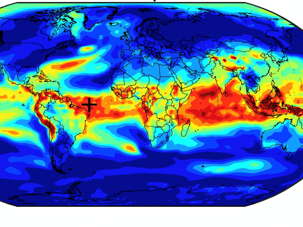 mercator projection of the Earth showing bands of heat in colors