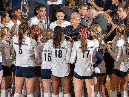 Coach Russ Rose addresses the Penn State women's volleyball team during a time out