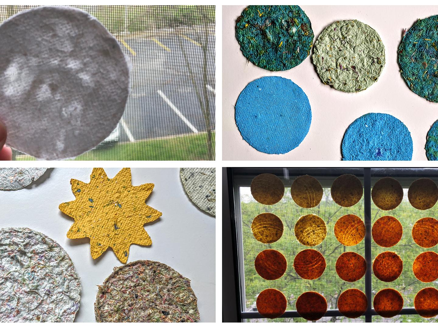 photo collage showing circles of homemade paper using watermark and embedded string and fiber techniques