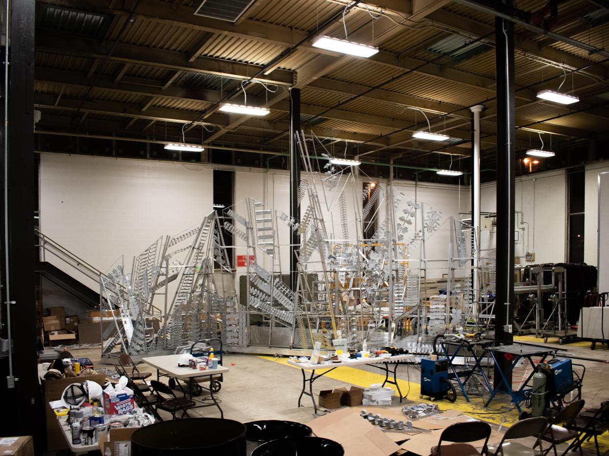 The framework of the chapel’s chime wall stands with the walls mostly completed by the Penn State team.