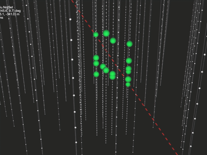 Simulation of a neutrino with an energy of 9.7 GeV (red dotted line) before and after the upgrade to the IceCube Neutrino Detector