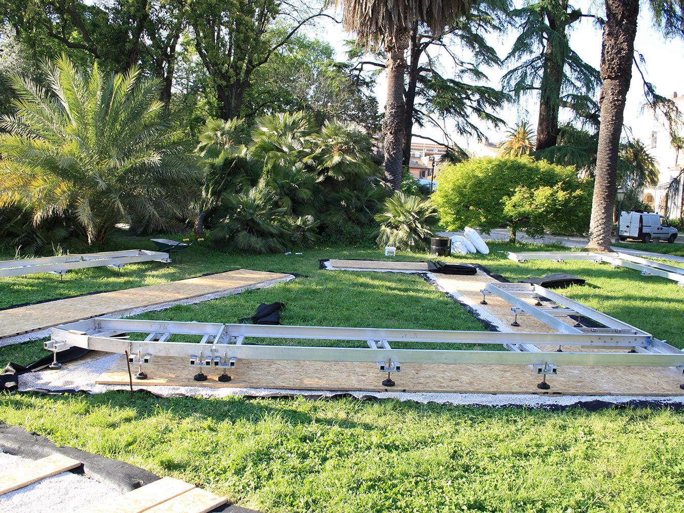 More permanent foundations are laid out under the chapel in May 2020.