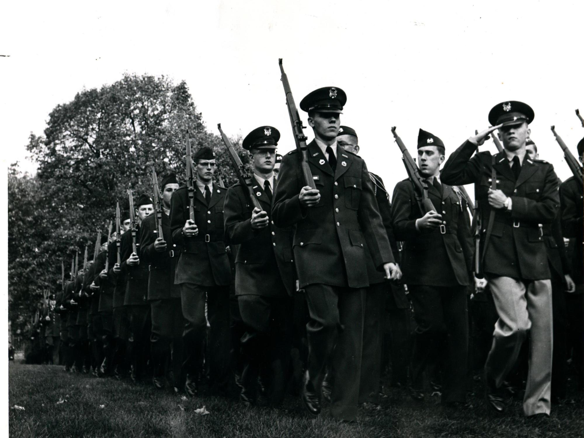Penn State Army ROTC cadets march during a weekly parade in 1957