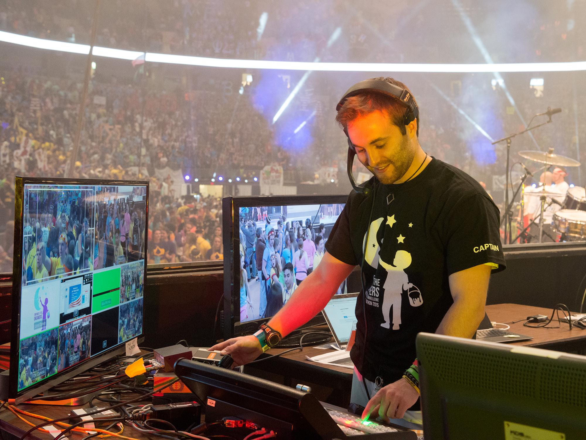 Student Alex Frederick supervising the video feeds at THON 2015