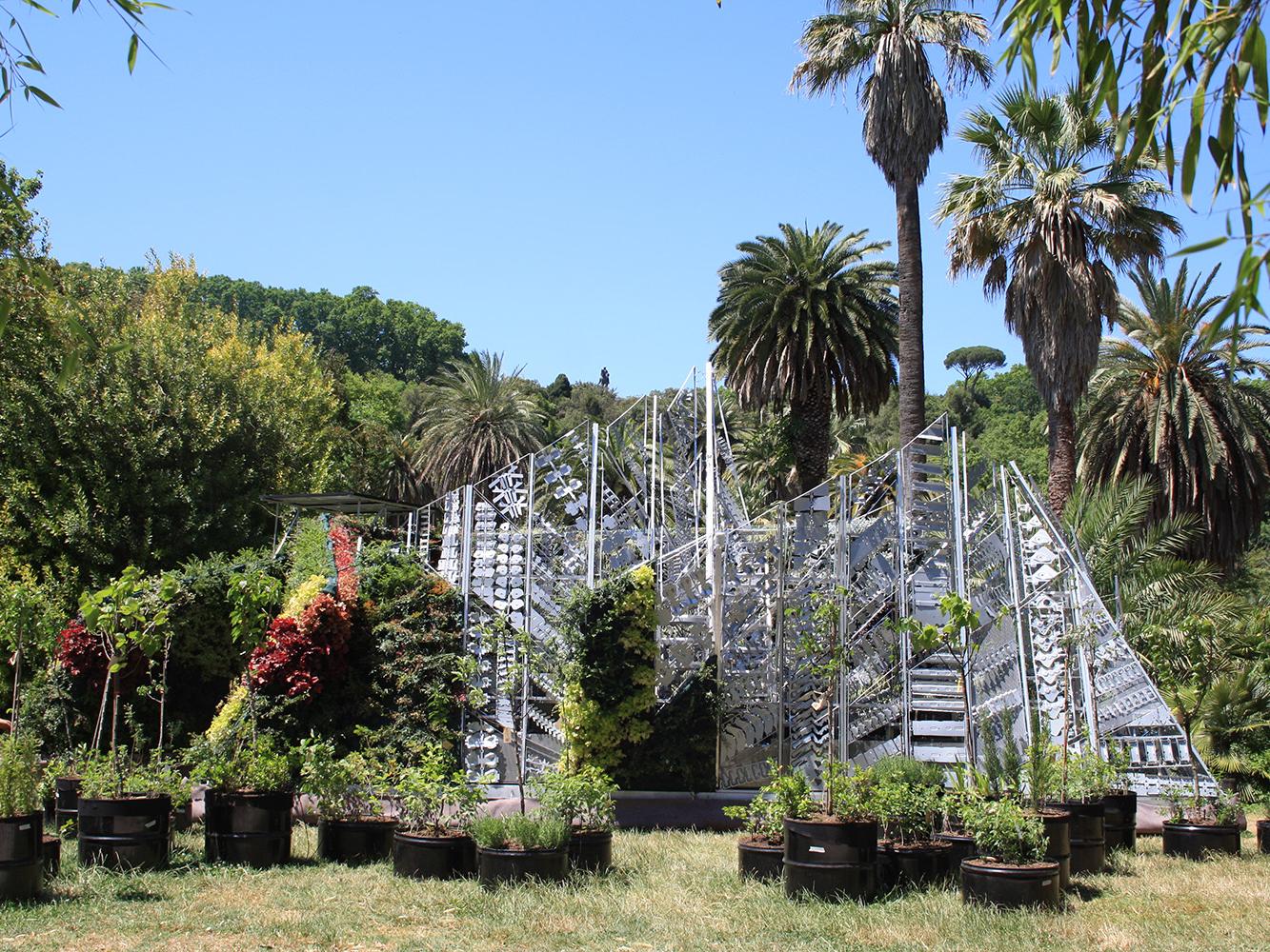 A view of the Living Chapel from the chime wall side in the Rome Botanical Garden.