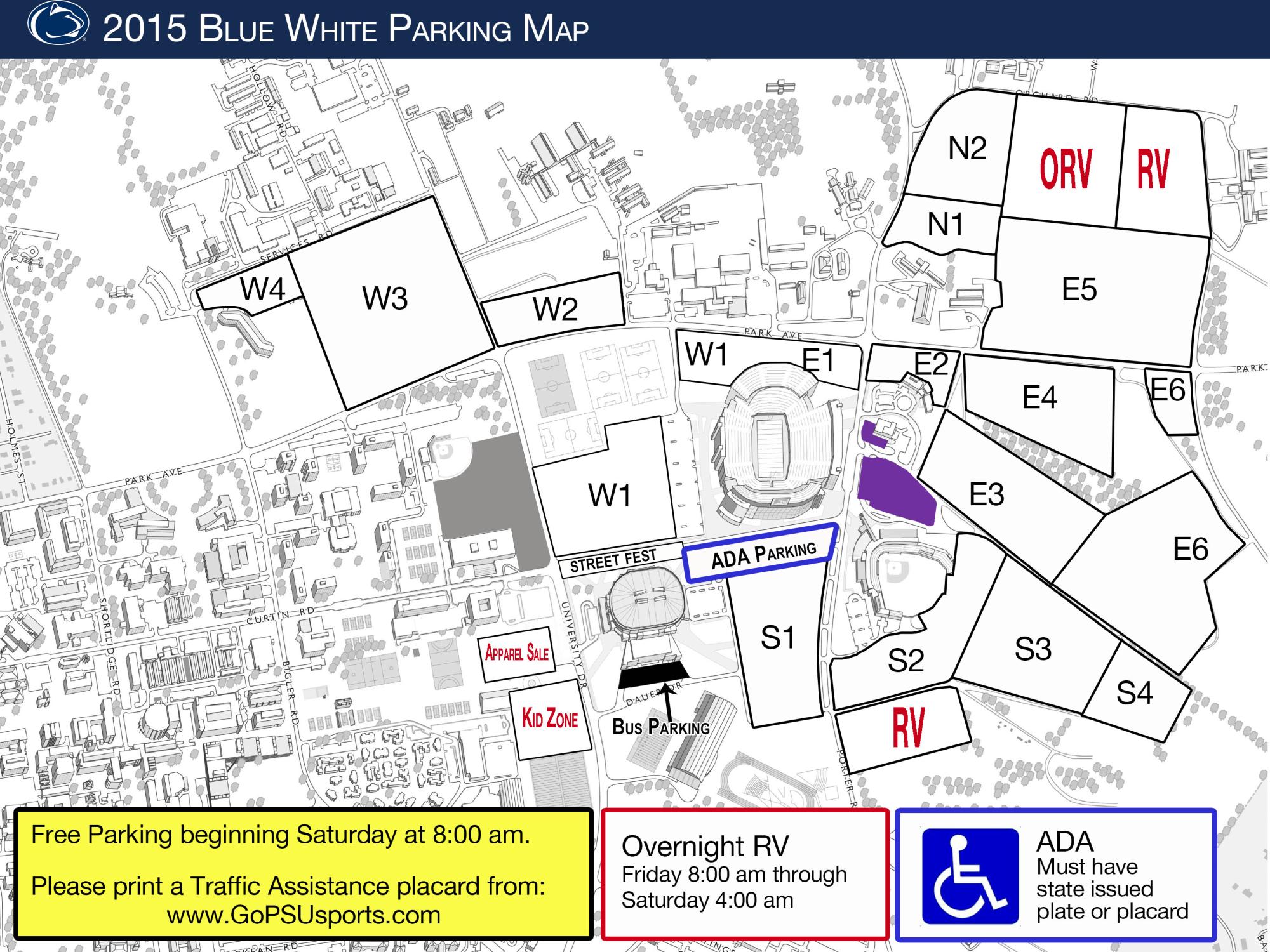 A map of parking lots for the Blue-White Game