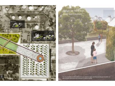 Split view of the master plans for an area of Houston where pollutants from nearby petroleum plants would be filtered away from the community.