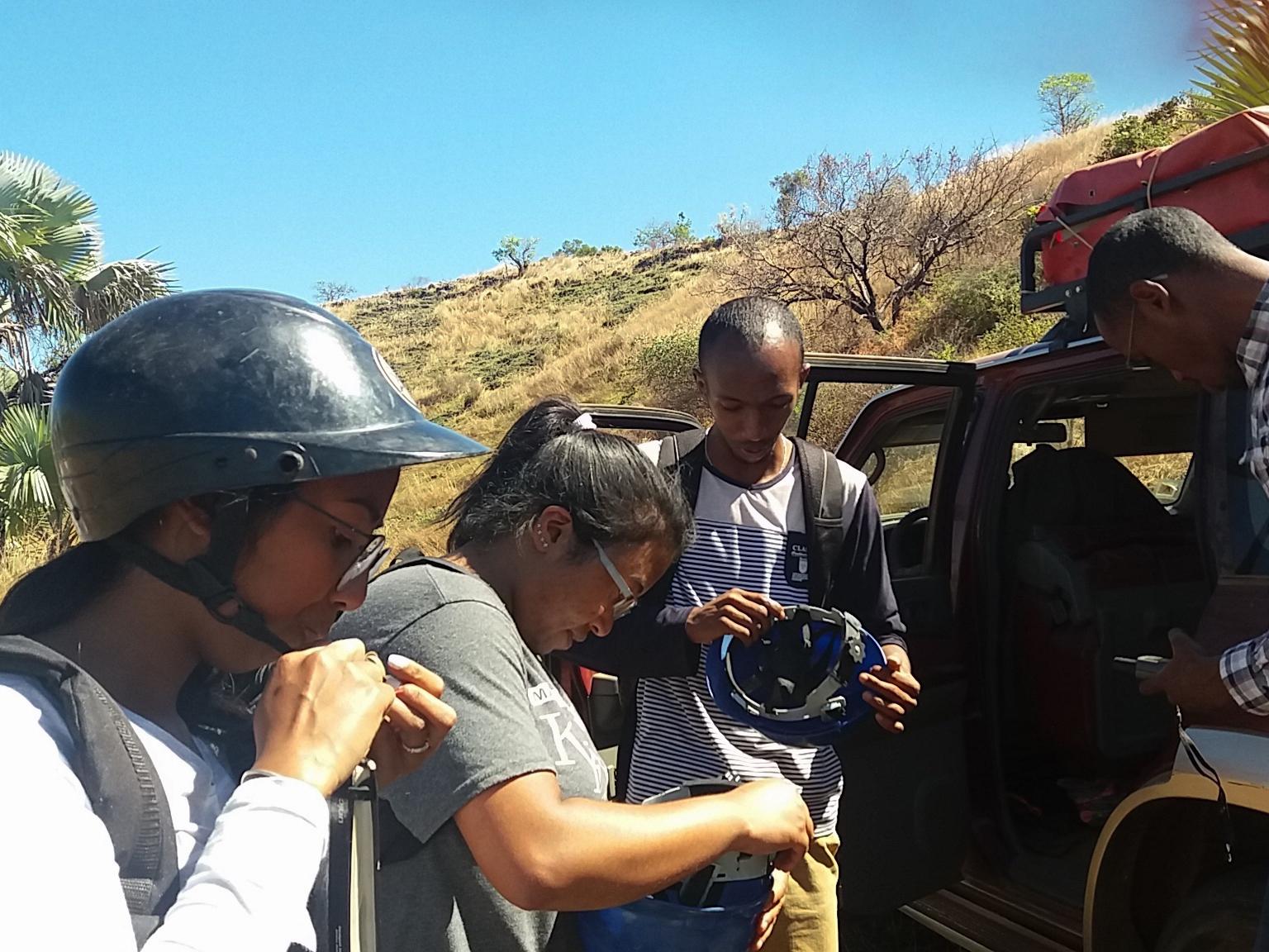 Ny Riavo Voarintsoa with her graduate students getting their gear on to study caves in Mahajanga, a port city on the north coast of Madagascar.