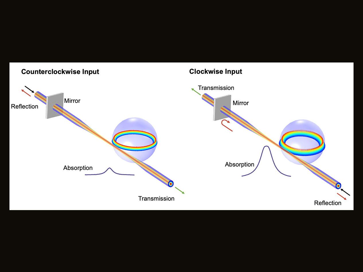 Two illustrations outline the path light takes from a spherical resonator to a wave guide and either to a mirror or out of the system.