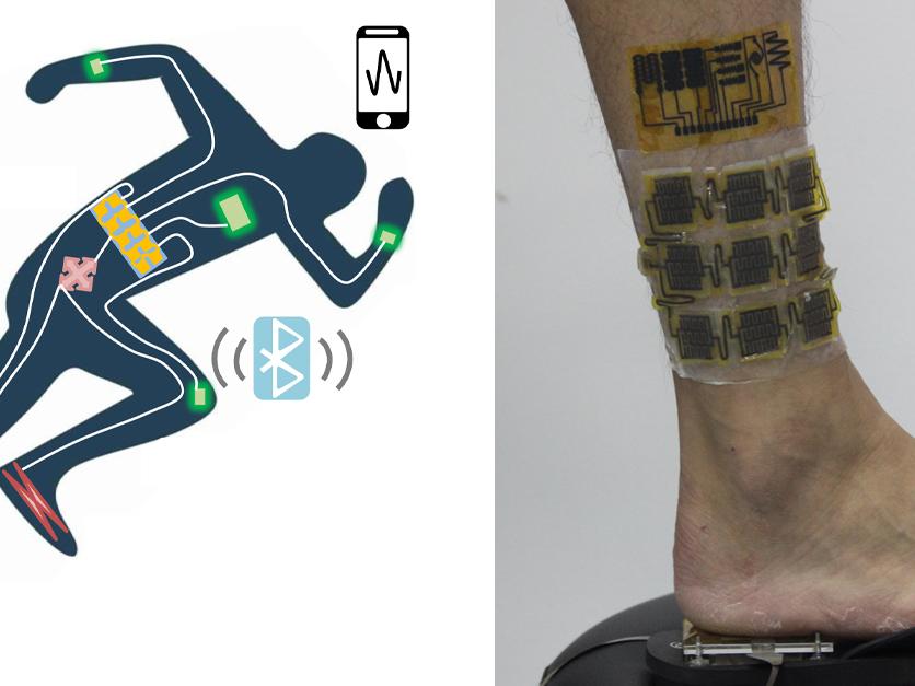 A graphic of a running man next to a real human foot with a sensor attached to it. 