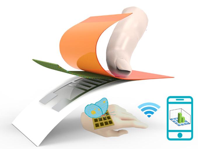 An orange, green and metallic sensor is shown on the back of a hand, with a smartphone image shown capturing data. 