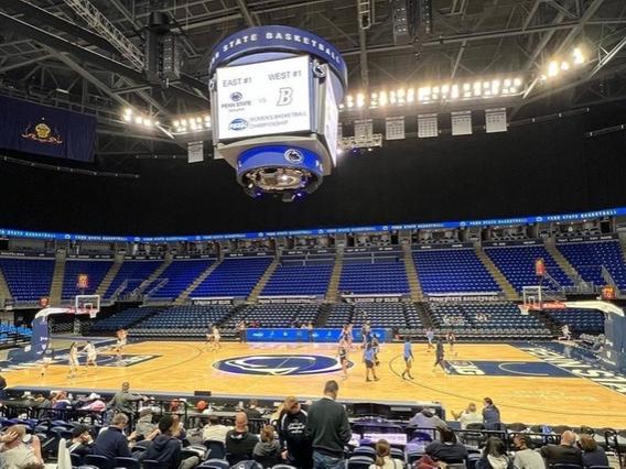 A long shot of the court at the Bryce Jordan Center, University Park.
