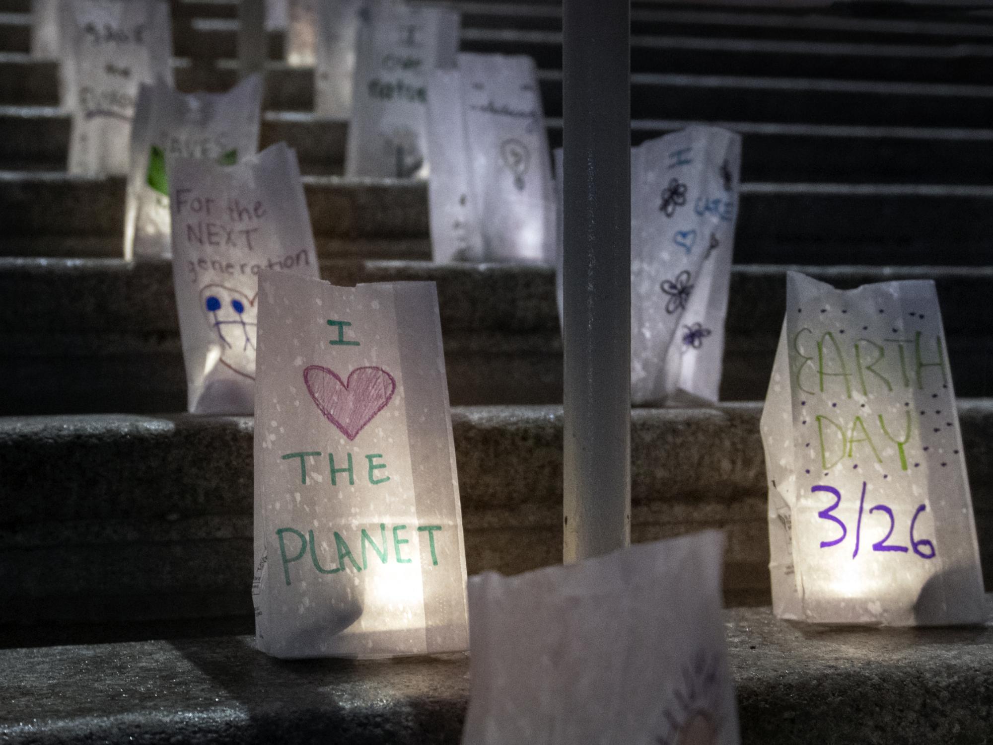 Earth day candle bags at Old Main