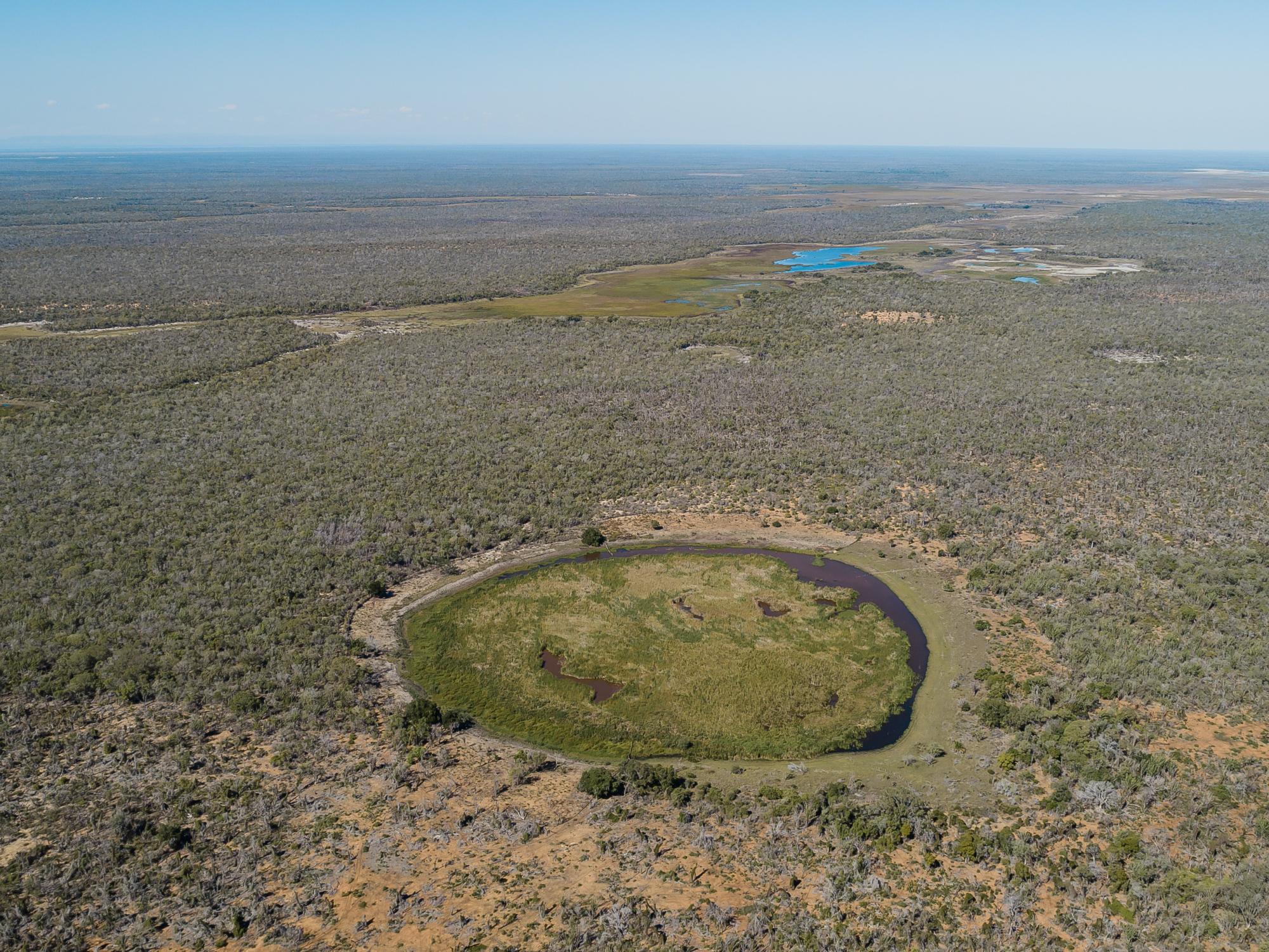 Aerial view of a landscape with dry lake bed