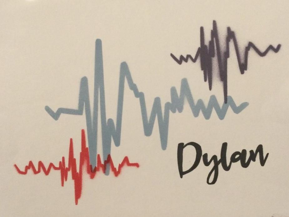 Three spraypainted heartbeats are on a white background, with the name “Dylan” beside them.