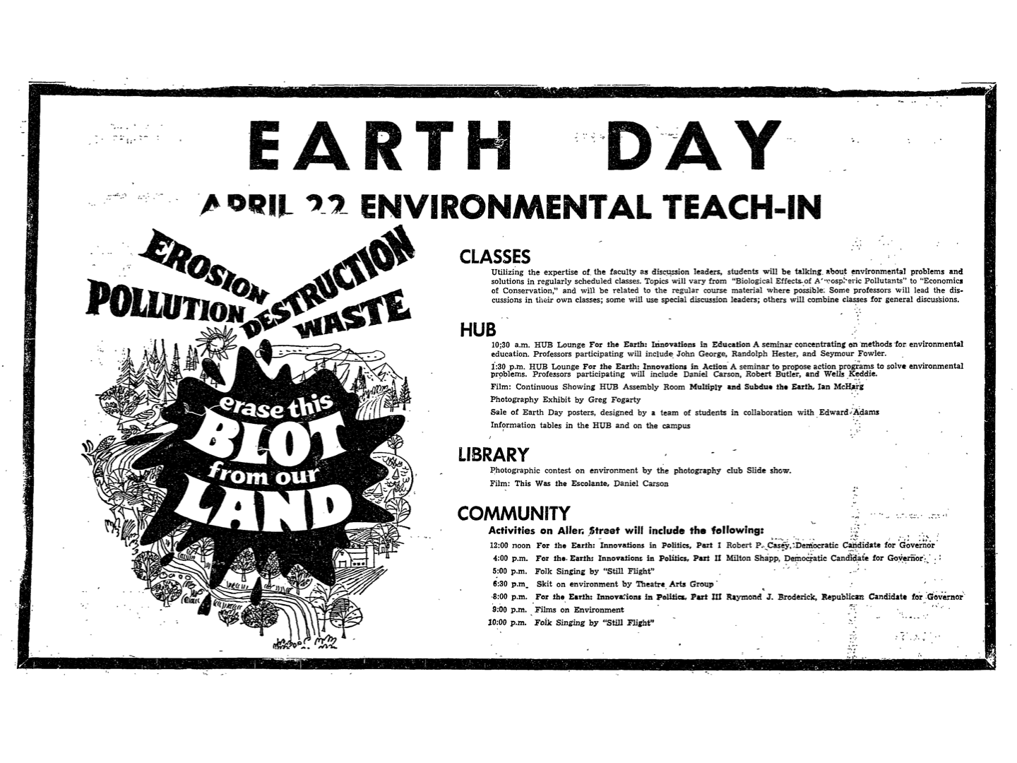 Original 1970 Earth Day Flyer, reading Earth Day April 22 Environmental Teach-In and a list of events