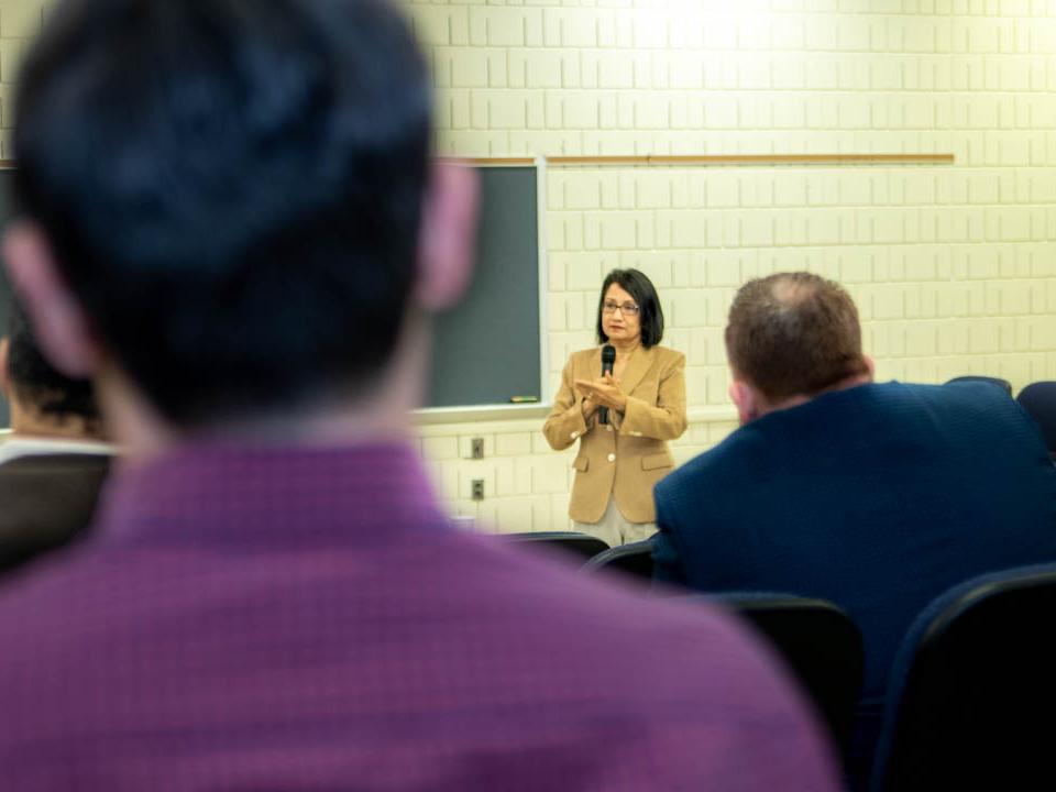 President-elect Neeli Bendapudi presents to audience