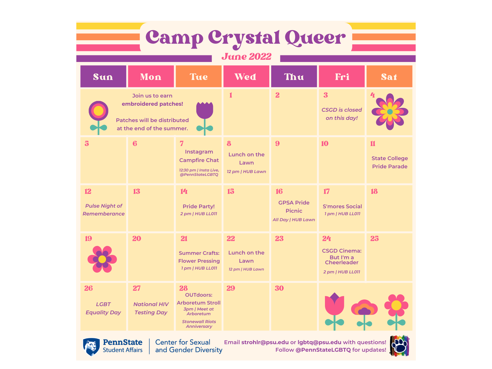A graphic of the calendar of events for Camp Crystal Queer