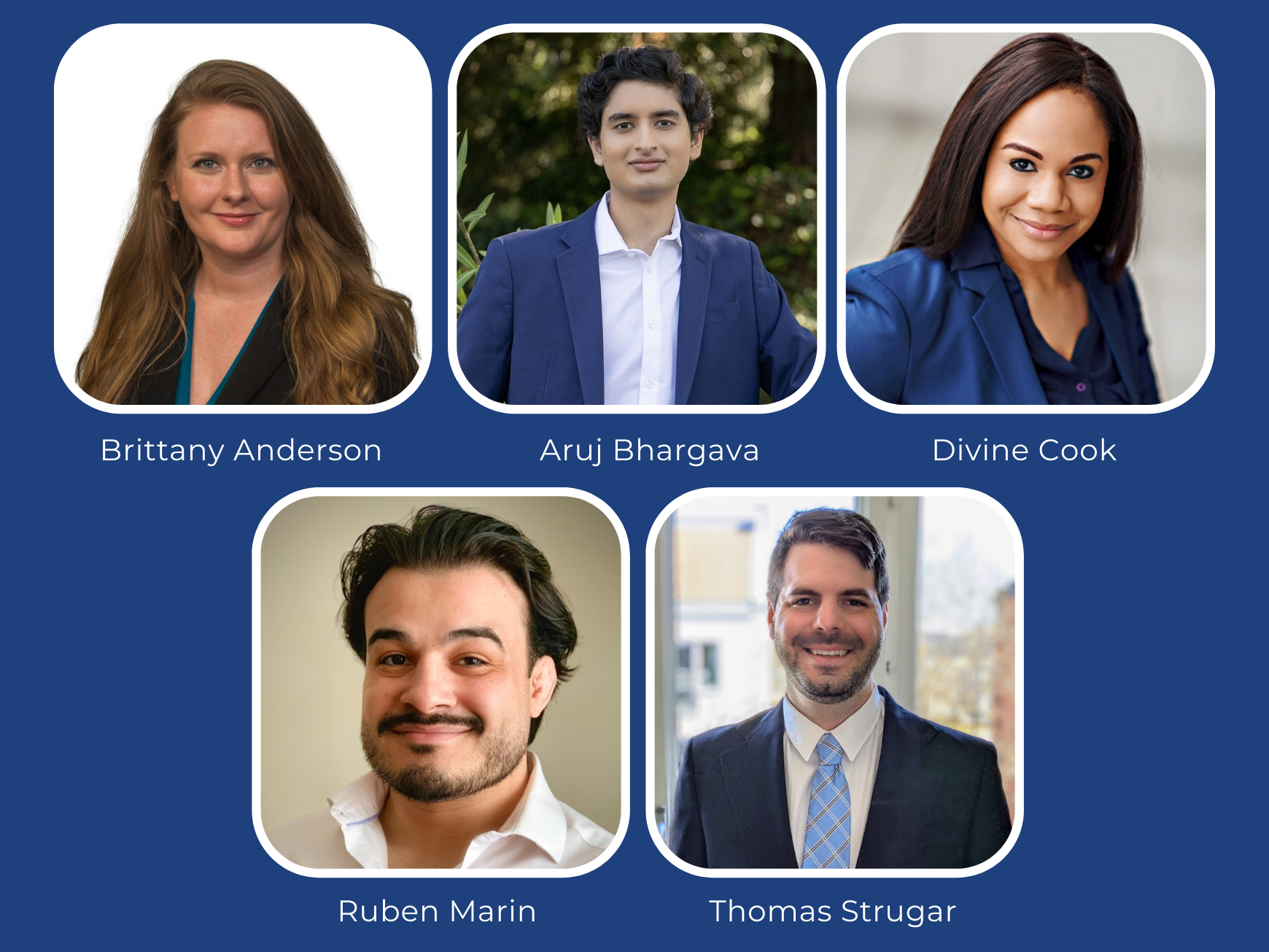 A graphic shows five headshots of students who received scholarships.