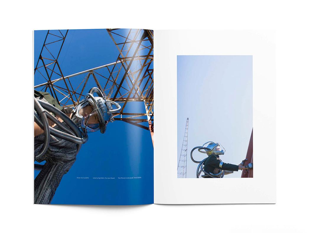 A magazine spread featuring a man in a space suit at left against a blue sky and a man in a space suit from afar against a white background at right. 
