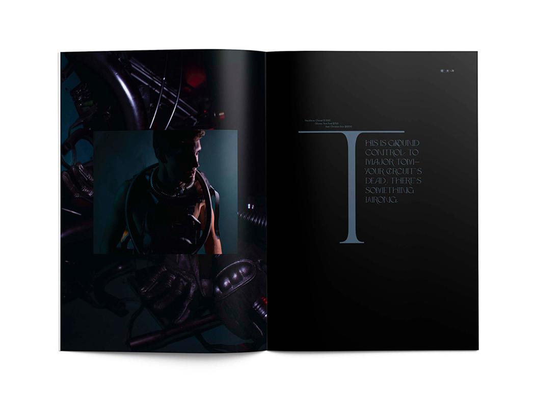 A magazine spread featuring a black background with a shirtless man with space gear around his neck at left and blue text reading Ground Control to Major Tom - Your Circuit's Dead There's Something Wrong" at right. 